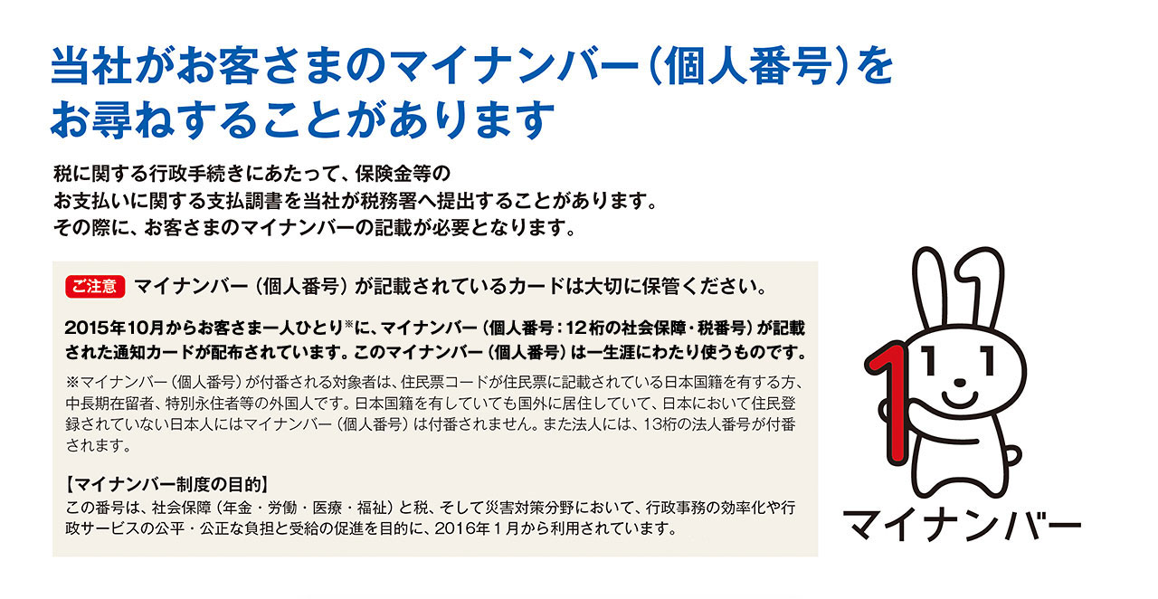 当社がお客さまのマイナンバー(個人番号)をお尋ねすることがあります 税に関する行政手続きにあたって、保険金等のお支払いに関する支払調書を当社が税務署へ提出することがあります。その際に、お客さまのマイナンバーの記載が必要となります。 【ご注意】マイナンバー(個人番号)が記載されているカードは大切に保管ください。 2015年10月からお客さま一人ひとり※に、マイナンバー(個人番号:12桁の社会保障・税番号)が記載された通知カードが配布されています。このマイナンバー(個人番号)は一生涯にわたり使うものです。 ※マイナンバー(個人番号)が付番される対象者は、住民票コードが住民票に記載されている日本国籍を有する方、中長期在留者、特別永住者等の外国人です。日本国籍を有していても国外に居住していて、日本において住民登録されていない日本にはマイナンバー(個人番号)は付番されません。また法人には、13桁の法人番号が付番されます。 【マイナンバー制度の目的】この番号は、社会保障(年金・労働・医療・福祉)と税、そして災害対策分野において、行政事務の効率化や行政サービスの公平・公正な負担と受給の促進を目的に、2016年1月から利用されています。